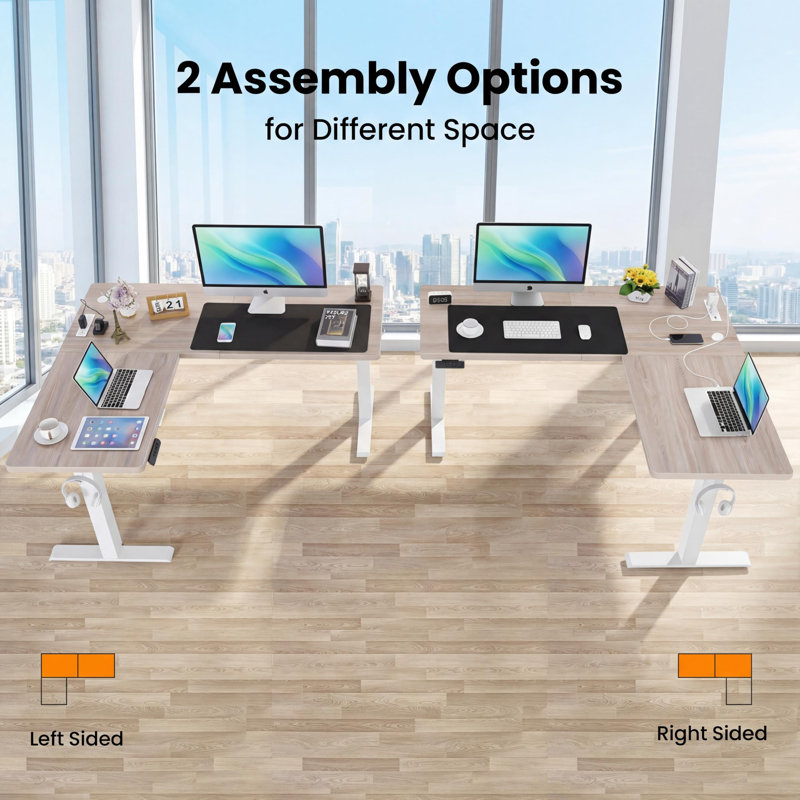 Bureau pour travailler debout en L 63 po à hauteur réglable électrique avec prises de 63 po, Beige / Blanc