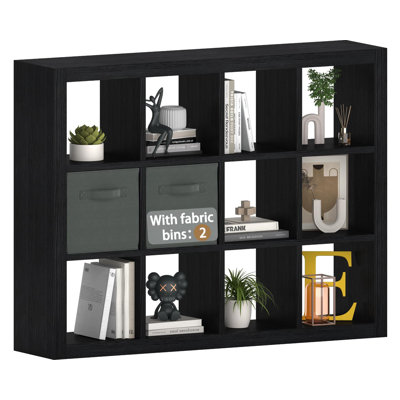 furtble Bookshelf with Storage Bin, 12-Cube Storage Organizer, Modern Wood Open Bookcase, Multifunctional Display Shelf for Living Room, Bedroom, Home Office, Black