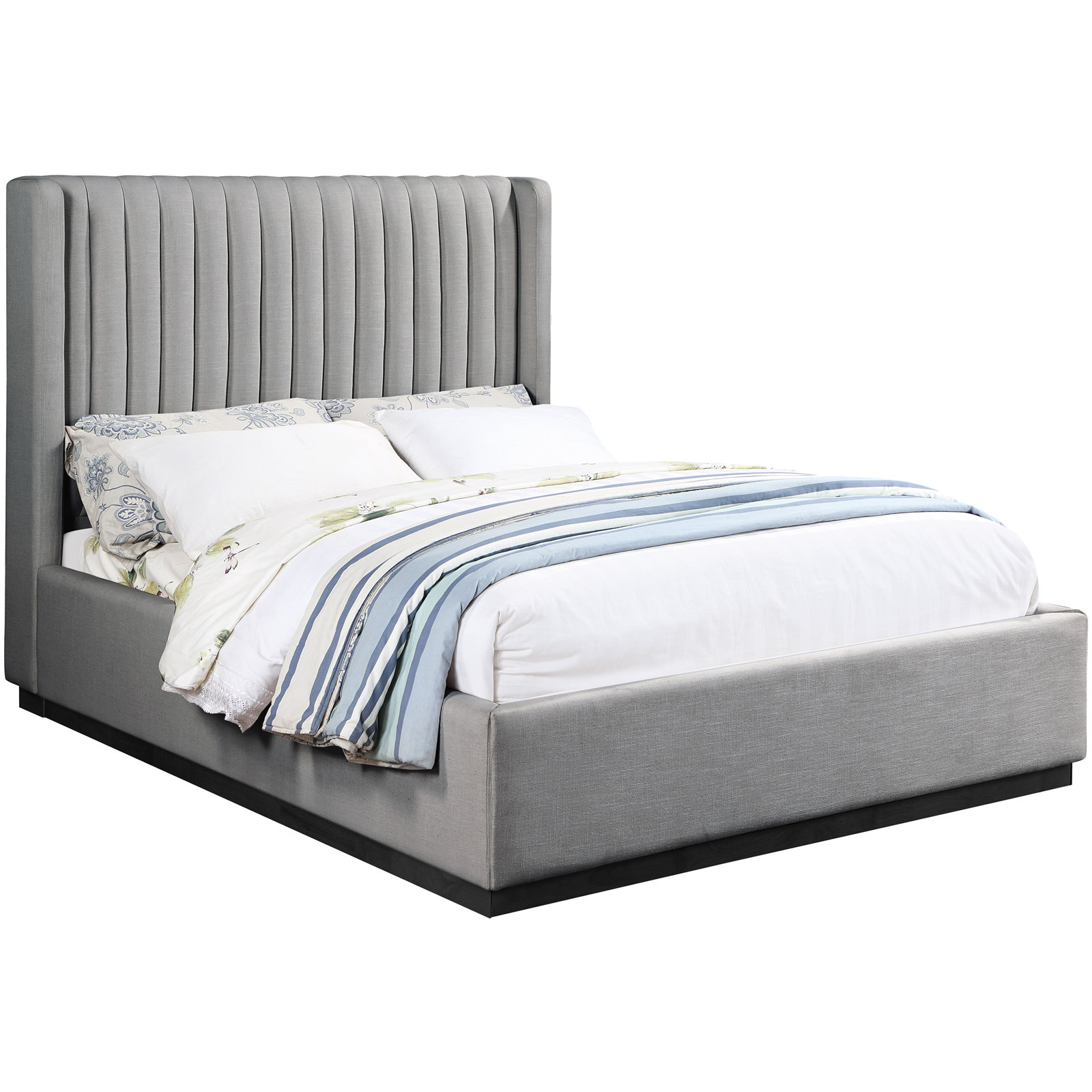 Chamblis Upholstered Wingback Bed, Grey Linen Textured Fabric, Queen
