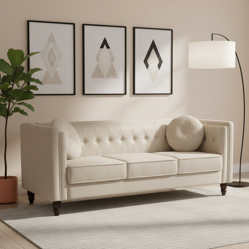 Canapé Chesterfield classique avec revêtement en velours écrasé et dossier capitonné, Velours ivoire