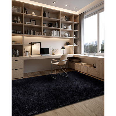 Tapis d'intérieur moelleux, tapis moelleux de 8 pi x 10 pi, tapis à poils longs pour le salon, la chambre à coucher, la véranda, l'esthétique moderne de la décoration intérieure, non-perte de poils, non-tissé, antidérapant, noir