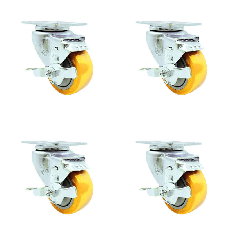 Ensemble de roulettes à plaque pivotante en polyuréthane jaune 3,5 pouces avec frein SCC