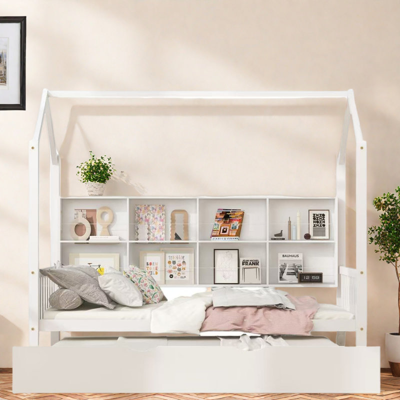 Wooden House Bed With Trundle And Shelves, Twin