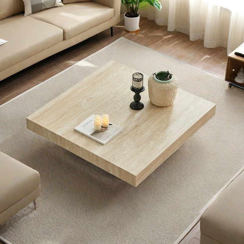 Floating Square Coffee Table Imitation Travertine, 11.81" H x 31.49" W x 31.49" D