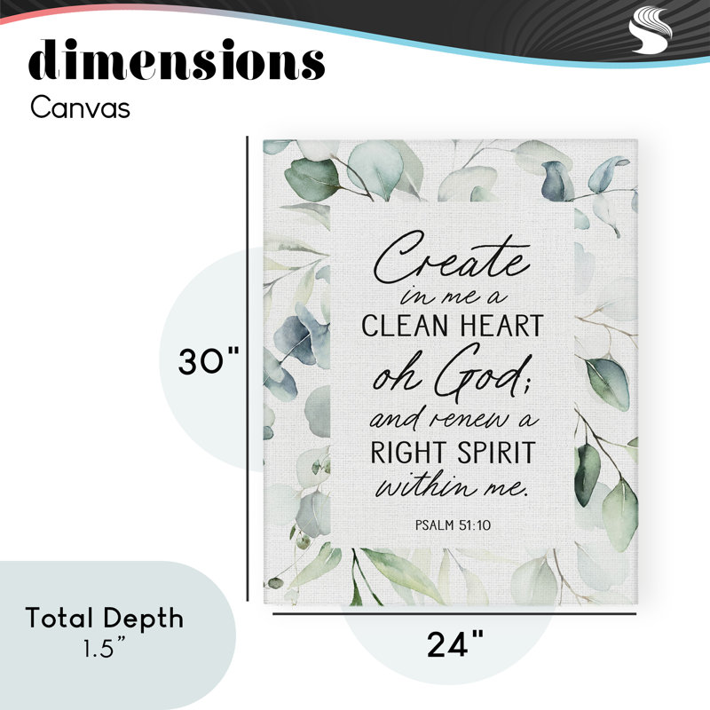 Toile «Clean Heart & Right Spirit», par Lettrage et doublure, H 30 po x l 24 po