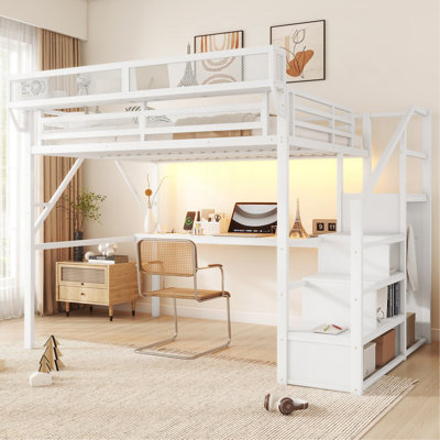 Grand lit mezzanine avec bureau et station de charge, grand lit mezzanine en métal avec escalier et lumière pour enfants adolescents