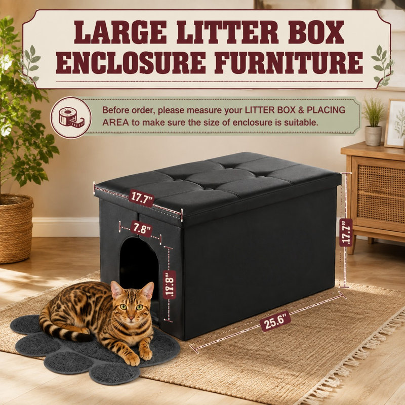 Ce grand pouf-banc noir en forme de L, dissimulant une litière, combine le contrôle des odeurs avec une conception de meuble à l'épreuve des chiens, un intérieur imperméable, des surfaces faciles à nettoyer et un assemblage simple.