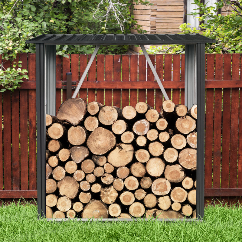 Remise de bois de chauffage en métal noir 3 pi x 5 pi - Toit incliné pour un écoulement efficace de l'eau et un rangement extérieur