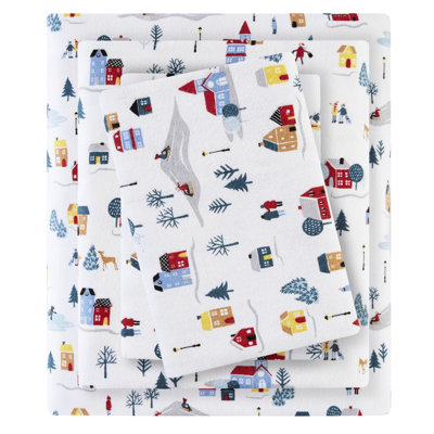 3 draps simples de 3 pièces avec un magnifique imprimé blanc de village, un tissu en flanelle de coton à 100% et des impressions douillettes et différentes au choix, livrées à plat
