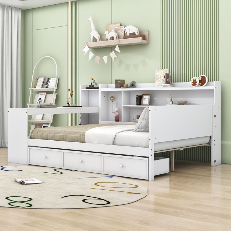 Wooden Daybed With Three Drawers, USB Ports and desk, Full/Double, White