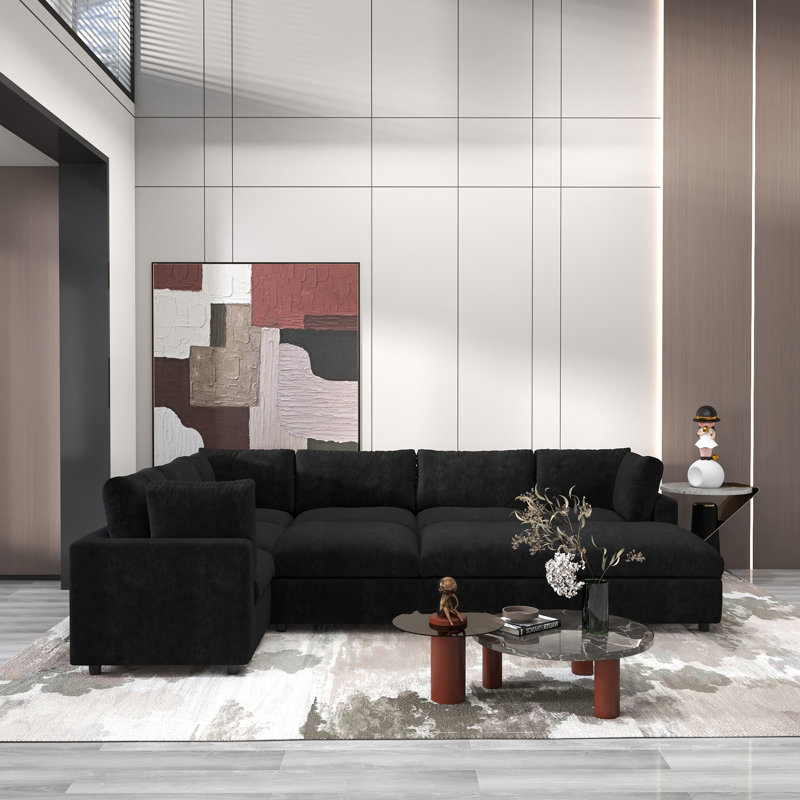 9-Piece Upholstered Modern Chenille Fabric Modular Sectional Sofa With Ottoman, Black 