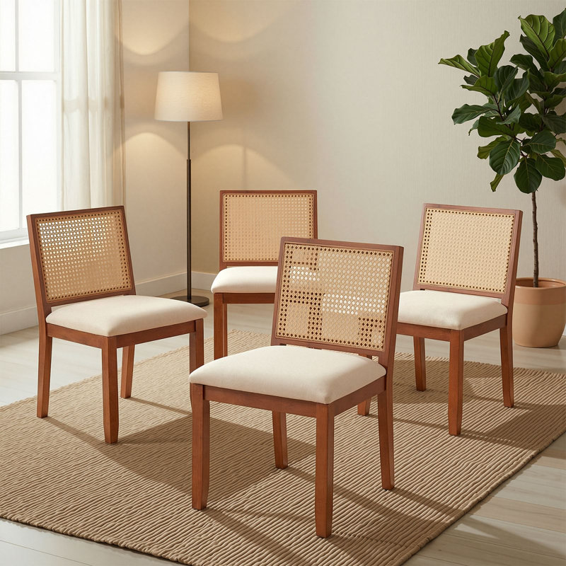 19.6" Wide Side Chair Modern Solid Wood Dining Chair with Rattan Backrest, Dark Walnut