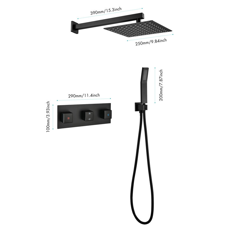Douche en laiton noir mat - pomme de pluie de 10 po avec douchette à main, mélangeur de pluie de luxe pour la salle de bain, buse autonettoyante pour un débit d'eau optimal, correspond au tuyau standard américain, valve incluse