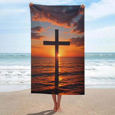 Cross Sunset Ocean Sky Faith Large Beach Towel, Oversized Sand Free Absorbent Bath Towels for Adults for Pool Travel Camping Picnic, 36 x 72 in
