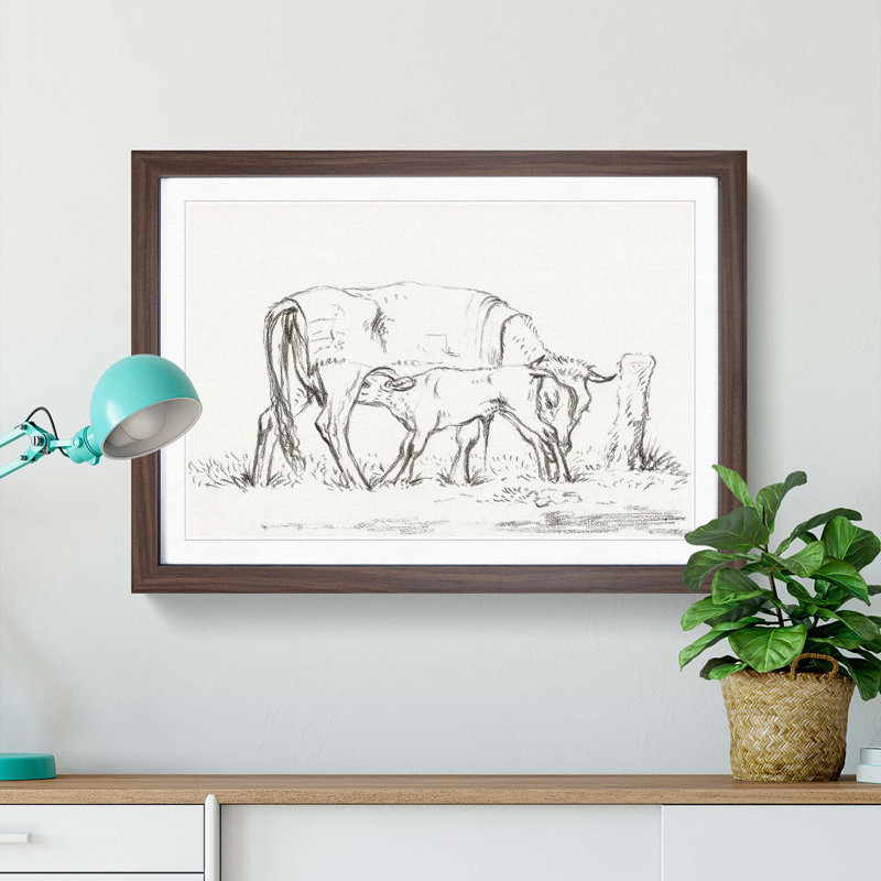 Cow with Calf by Jean Bernard - Picture Frame Painting Print, Walnut Framed, 48cm H x 65cm W x 2cm D