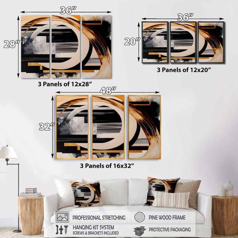 Gold Touch Art Deco I - ensemble d'art mural moderne sur toile, H 28 po x l 36 po x P 1 po, Toile tendue