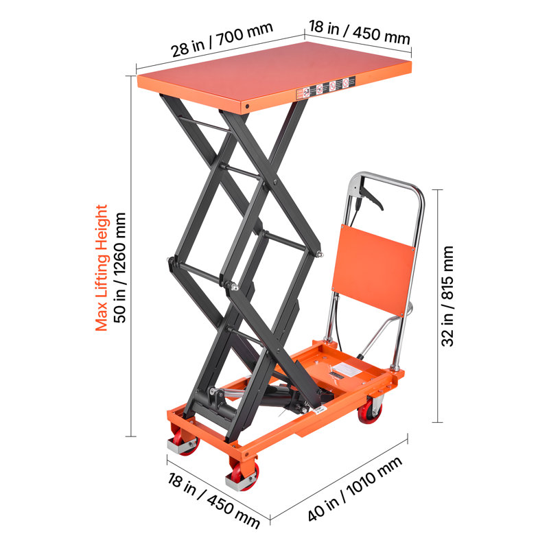 Hydraulic Lift Table Cart, 500 lbs Capacity 50 in Lifting Height, for Material Handling, Moving, Transportation, Manual Double Scissor Lift Table, with 4 Wheels and Handle, Heavy-Duty Steel