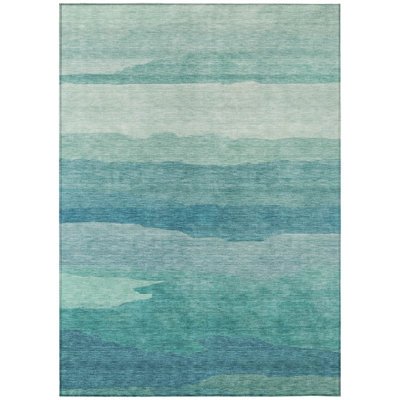 10' X 14' Turquoise Striped Washable Indoor Outdoor Area Rug