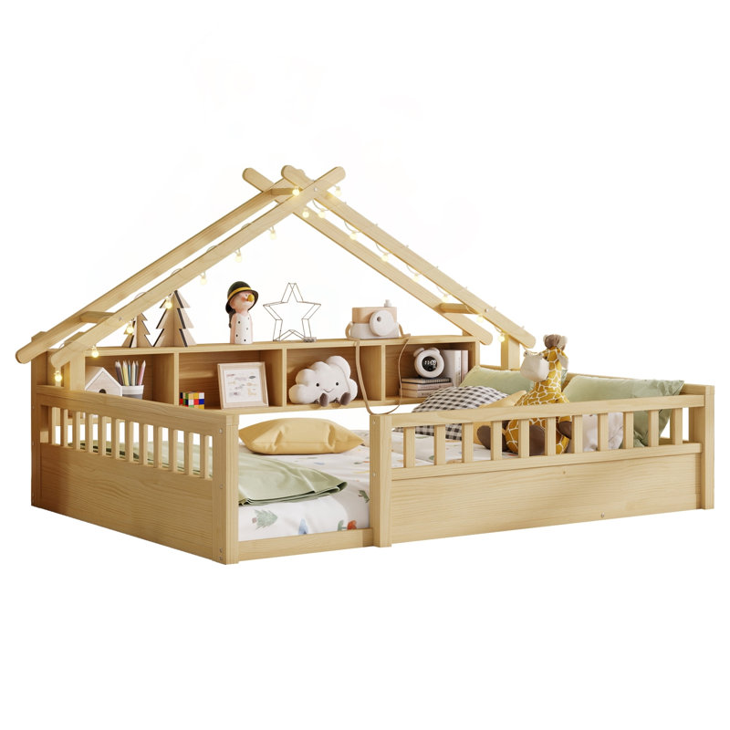 Lit double sur pied avec lumière, tablettes de rangement et forme de toit, Naturel, Full