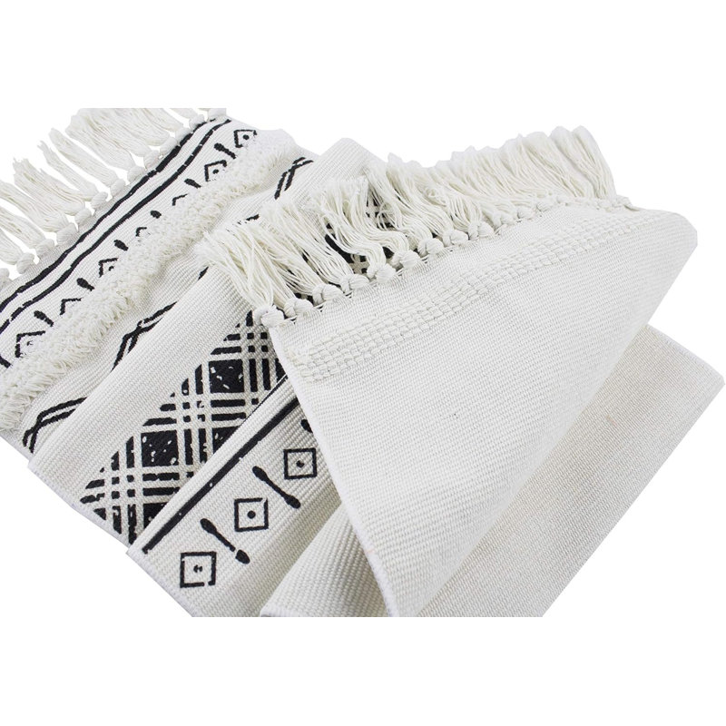 Chemin de table blanc et noir à motif de franges en coton tissé à franges boho moderne l 14 po x L 71 po