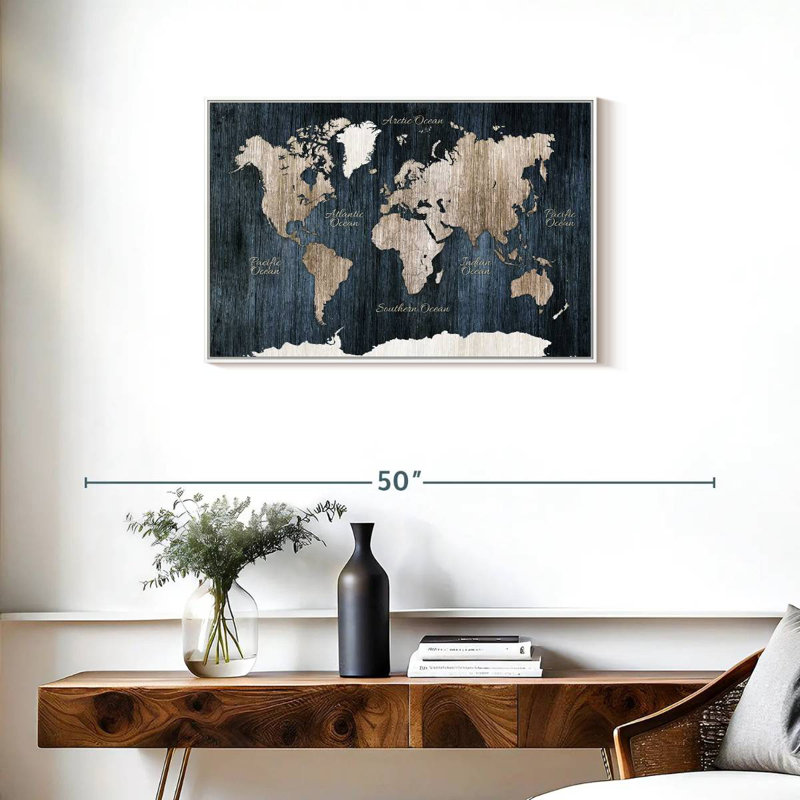 Carte du monde en bois vieilli, Cadre flottant blanc, 31 po x 21 po