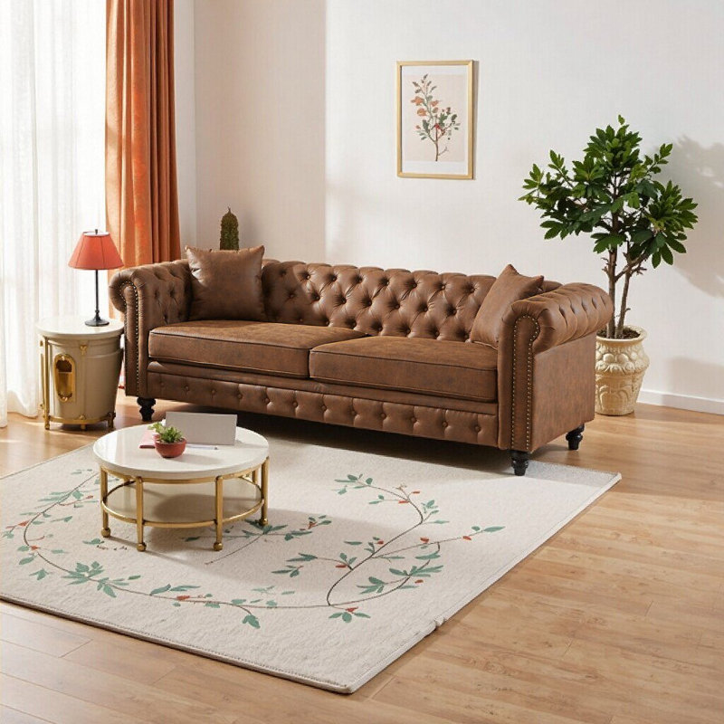 Elegant 85.5" Tech Fabric Chesterfield Sofa - 3-Seater with Rolled Arms & Button Tufting, Perfect for Living Room, Brown