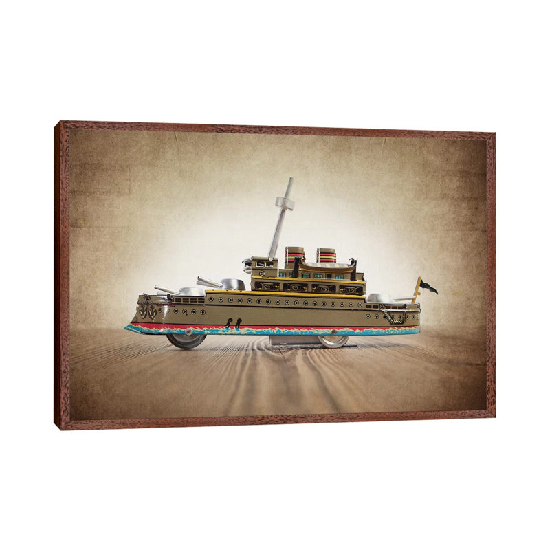 Green Tin Ship - Print on Canvas, 66.04 cm H x 45.72 cm W, Classic Brown Wood Framed