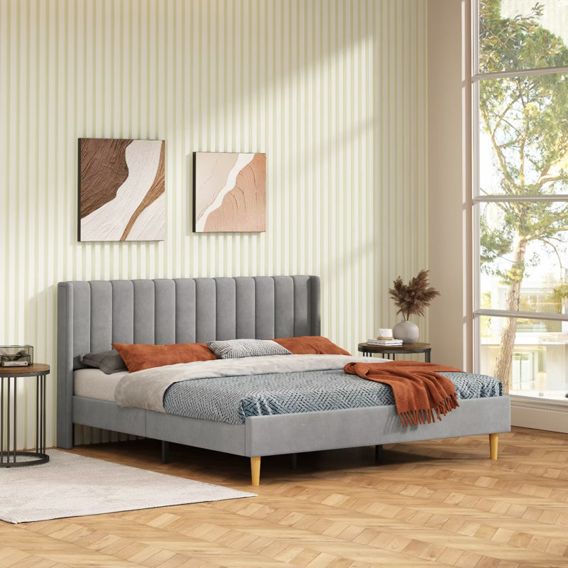 Base de lit tapissier avec tête de lit à oreilles Deeb, Velours gris, Très grand