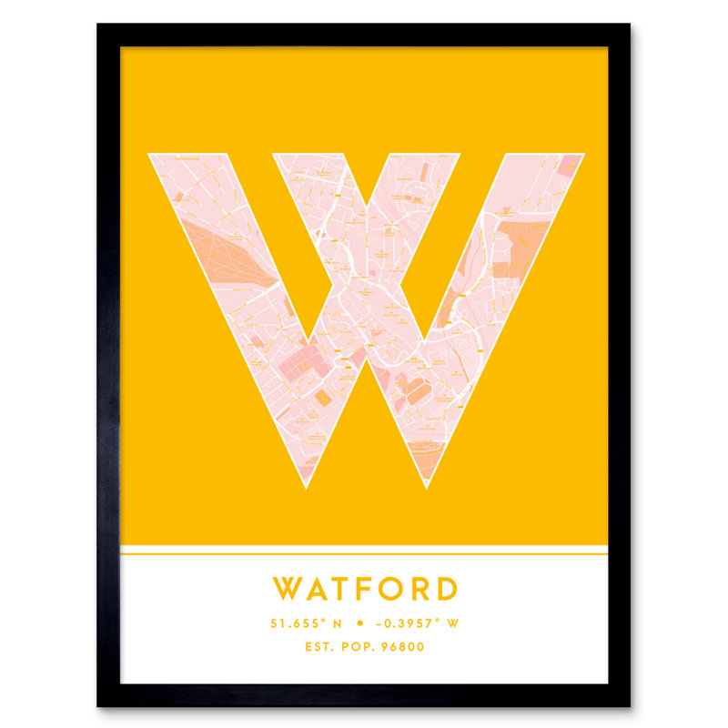 Watford City Map Watford Yellow - Single Picture Frame Typography