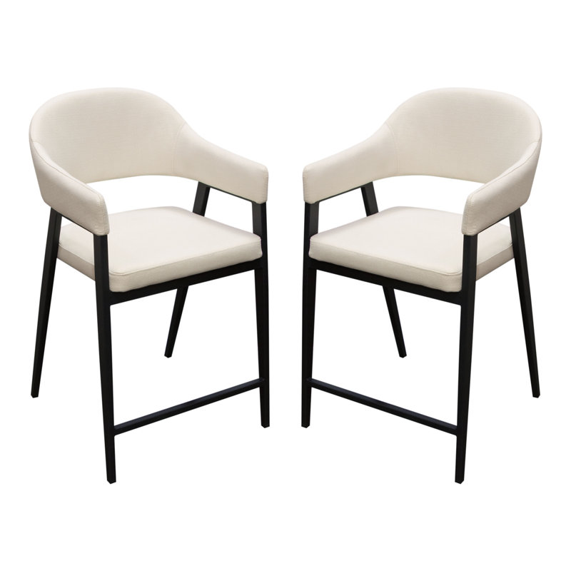 Cream Upholstered Counter Height Armchairs with Black Metal Frame, Set of Two