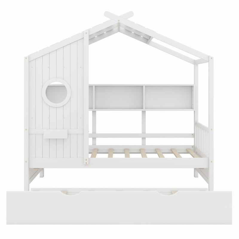 Lit en bois en forme de maison avec lit gigogne et tablettes de rangement, Lit simple, Blanc