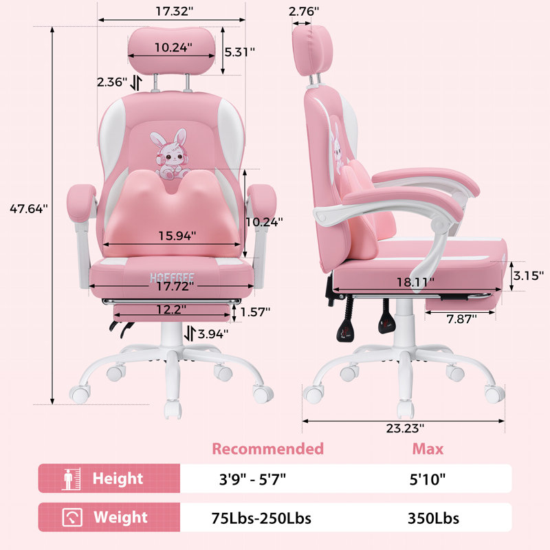 Gaming Chair With Cute Bunny Massage Lumbar Pillow Kids Ergonomic Computer Chair With Adjustable Headrest And Footrest, Pink