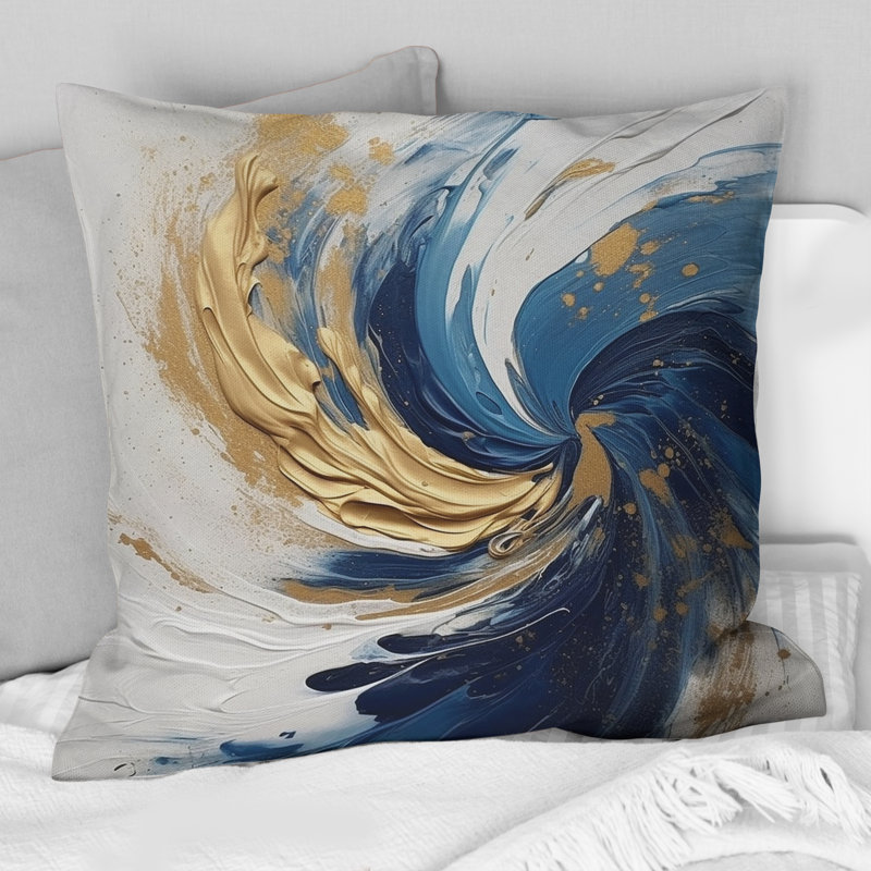 Dark Blue And Gold Spiral IV - Abstract Spirals Printed Throw Pillow