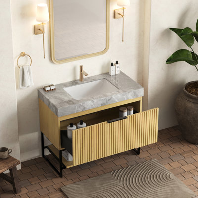 Meuble-lavabo de 36 po avec comptoir en pierre frittée grise, cuve en céramique encastrée, armoire en contreplaqué de chêne, tiroir et tablette ouverte, meuble-lavabo facile à installer, comptoir de cheminée