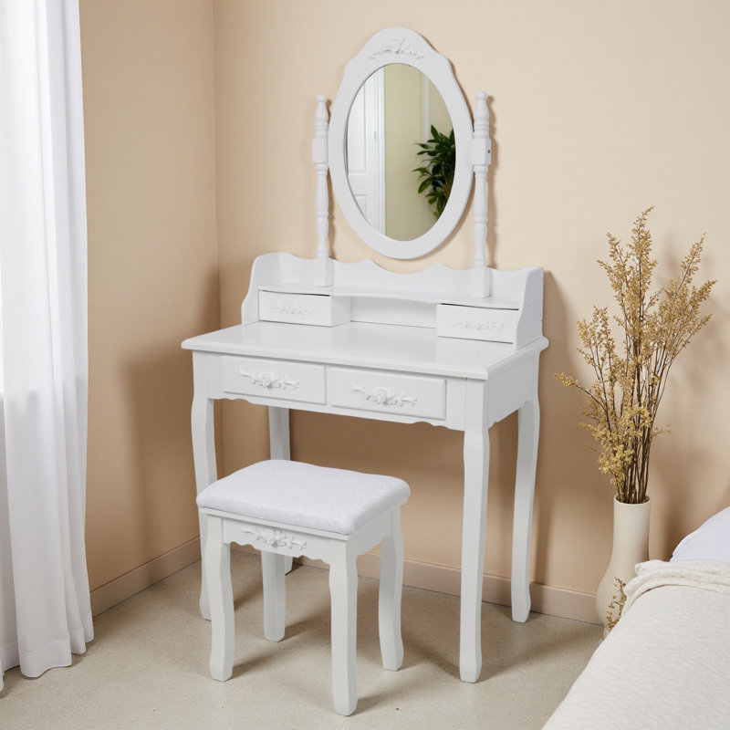 Princess Desk Set With Mirror & Cushioned Stool, 4-Drawer Wooden Makeup Vanity Table For Bedroom, Dressing Table With Ample Storage