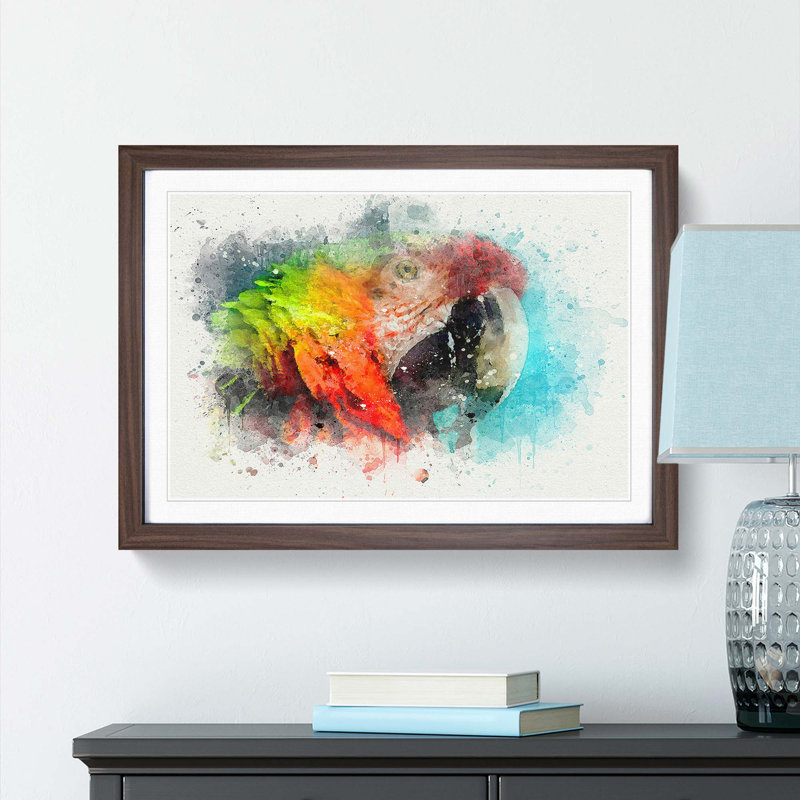 Rainbow Macaw Parrot in Abstract - Picture Frame Graphic Art Print, 40cm H x 60cm W x 2cm D, Walnut