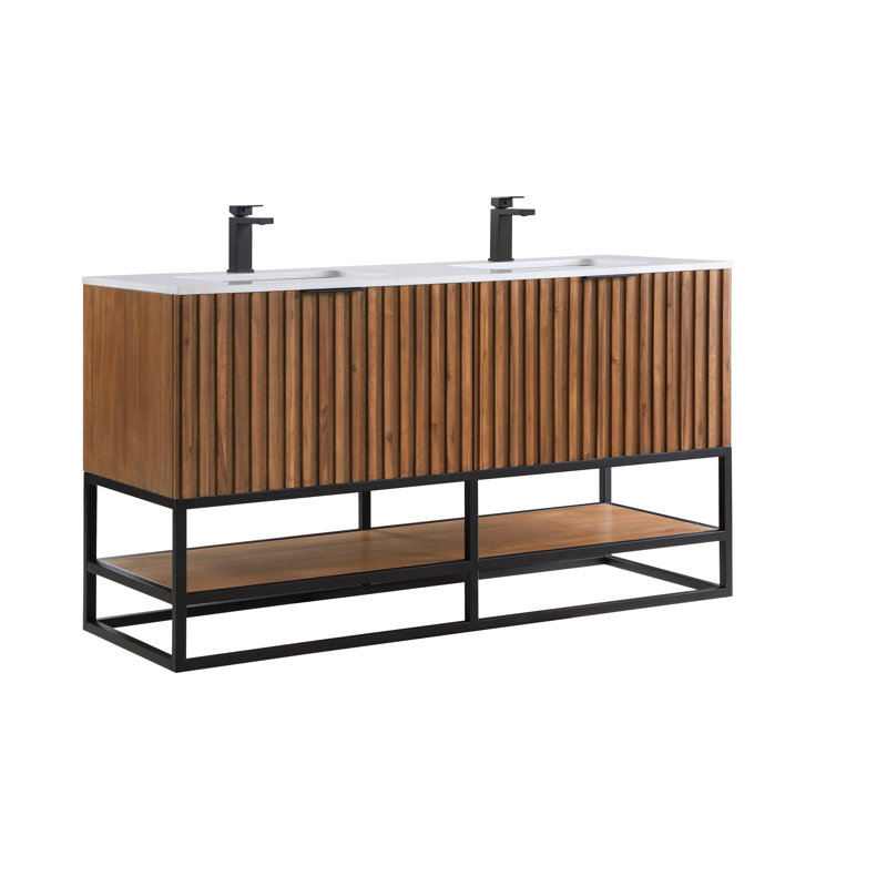 Terra 60" Double Bathroom Vanity Set, Walnut, Matte Black, Calacatta Quartz/Widespread