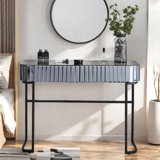 Makeup Vanity Table With Stainless Steel Base, 2 Drawers And Mirrored Glass Tabletop