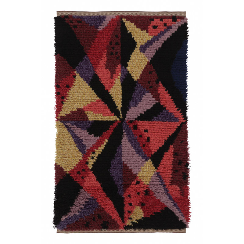 Vintage Swedish Rya Rug, Black With Radiating Geometric Abstract - Rug & Kilim