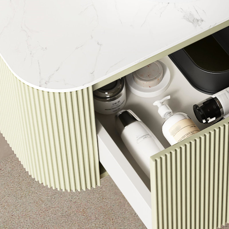 Meuble-lavabo de 30 po avec lavabo rond en céramique blanc et motif de pierres, armoire rayée 3D, pré-assemblé, rangement généreux, système de fermeture en douceur