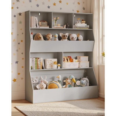 Armoire en bois à 4 niveaux avec tablettes ouvertes - Bibliothèque adaptée aux tout-petits pour salle de jeux, crèche, salle de classe ou jardin d'enfants - Gris