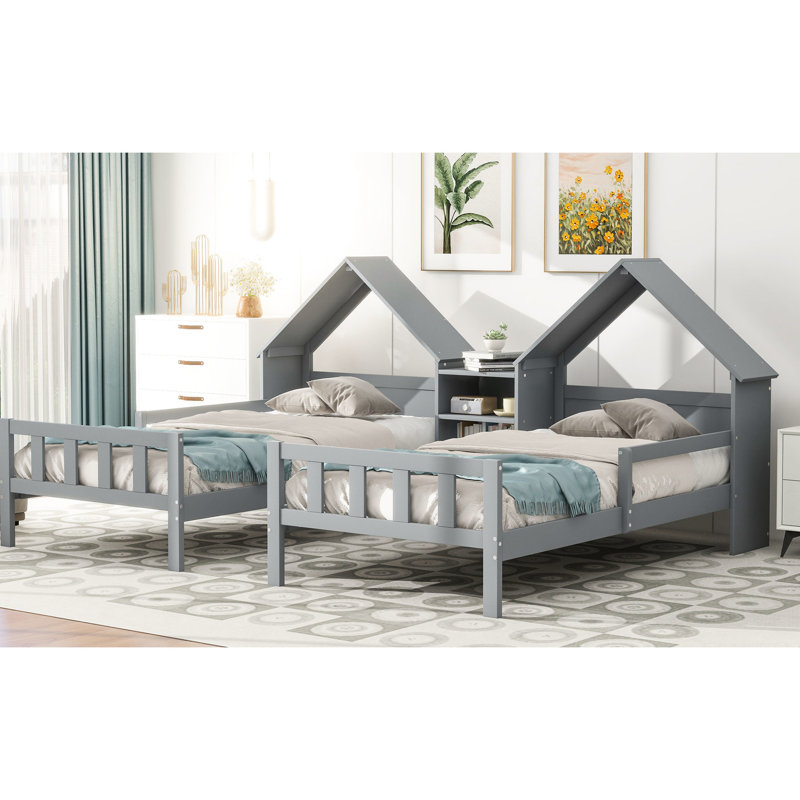 Lit simple gris avec tête de lit fascinante en forme de maison et support intégré, charmant