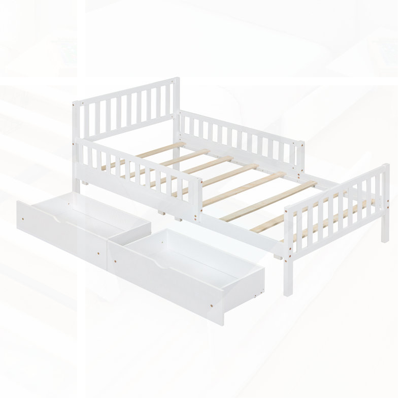 Lit plateforme simple en bois avec garde-corps et deux tiroirs de rangement; Ensemble de lattes, pour économiser de l'espace et la sécurité dans les chambres modernes.