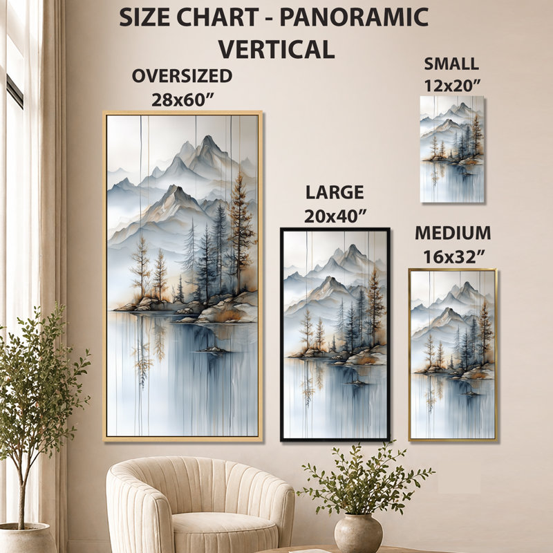 «Blue Lake Elegant Mountain Lake Reflection I - Blue Serene», reproduction d'art sur toile, Toile tendue, H 20 po x l 12 po