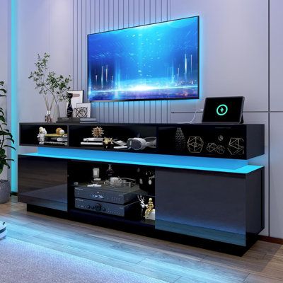 Meuble télé de 71 pouces pour téléviseurs jusqu'à 80 pouces, centre multimédia moderne et haut, finition laquée brillante, avec éclairage DEL, prises électriques et tablette en verre, console de jeux pour salon