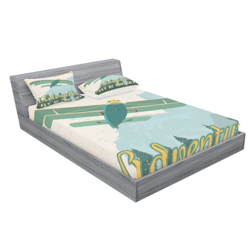 Ensemble de draps Old School Plane In The Sky Trees, Ensemble de draps pour grand lit avec 2 taies d'or
