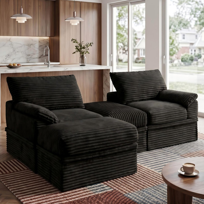 Boneless 70.8"W Oversized Corduroy Sectional Loveseat with Pillow Topped Arms, 4-Piece Modular Sleeper Sofa with 2 Ottomans, Under-Seat Storage & 2 Pillows for Living Room, Easy Assembly