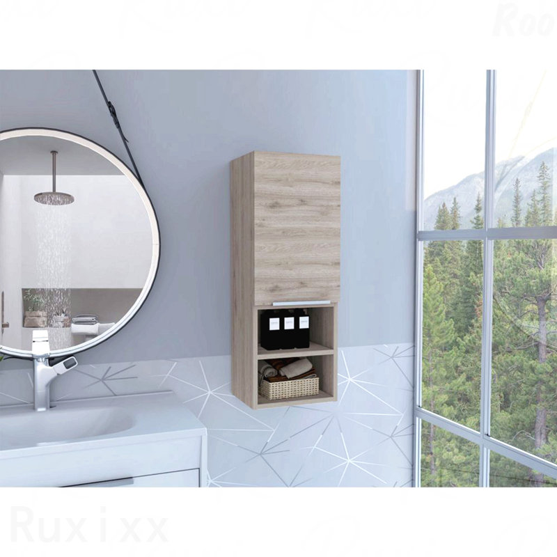 Armoire de salle de bain, deux tablettes intérieures, deux tablettes extérieures, armoire à une porte - gris clair
