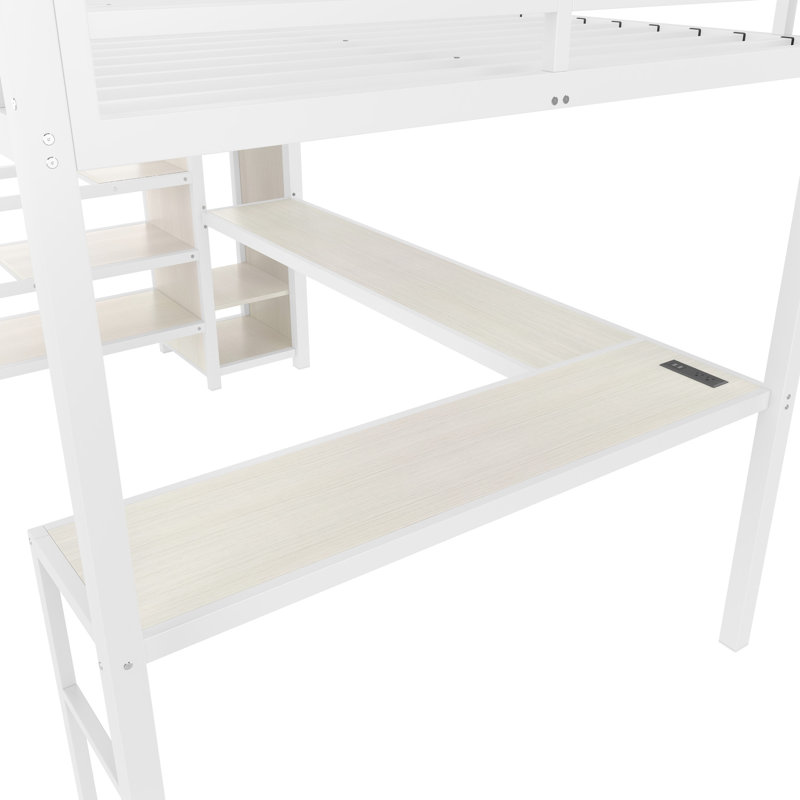 Grand lit mezzanine blanc à grain de bois avec escalier, charge, DEL et garde-robe pour l'organisation de la chambre à coucher, DEL, rangement intégré