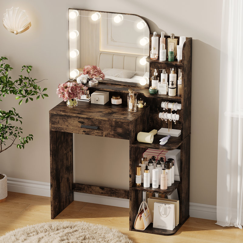 Coiffeuse de maquillage avec miroir lumineux à DEL et 5 tablettes ouvertes pour la chambre à coucher, Vintage Brown